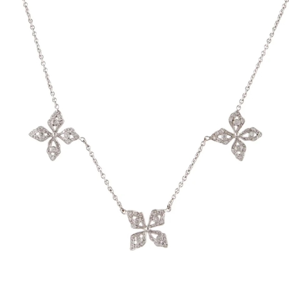 Designer CATHY WATERMAN Platinum Diamond 3 Flower Station Pendant Chain Necklace
